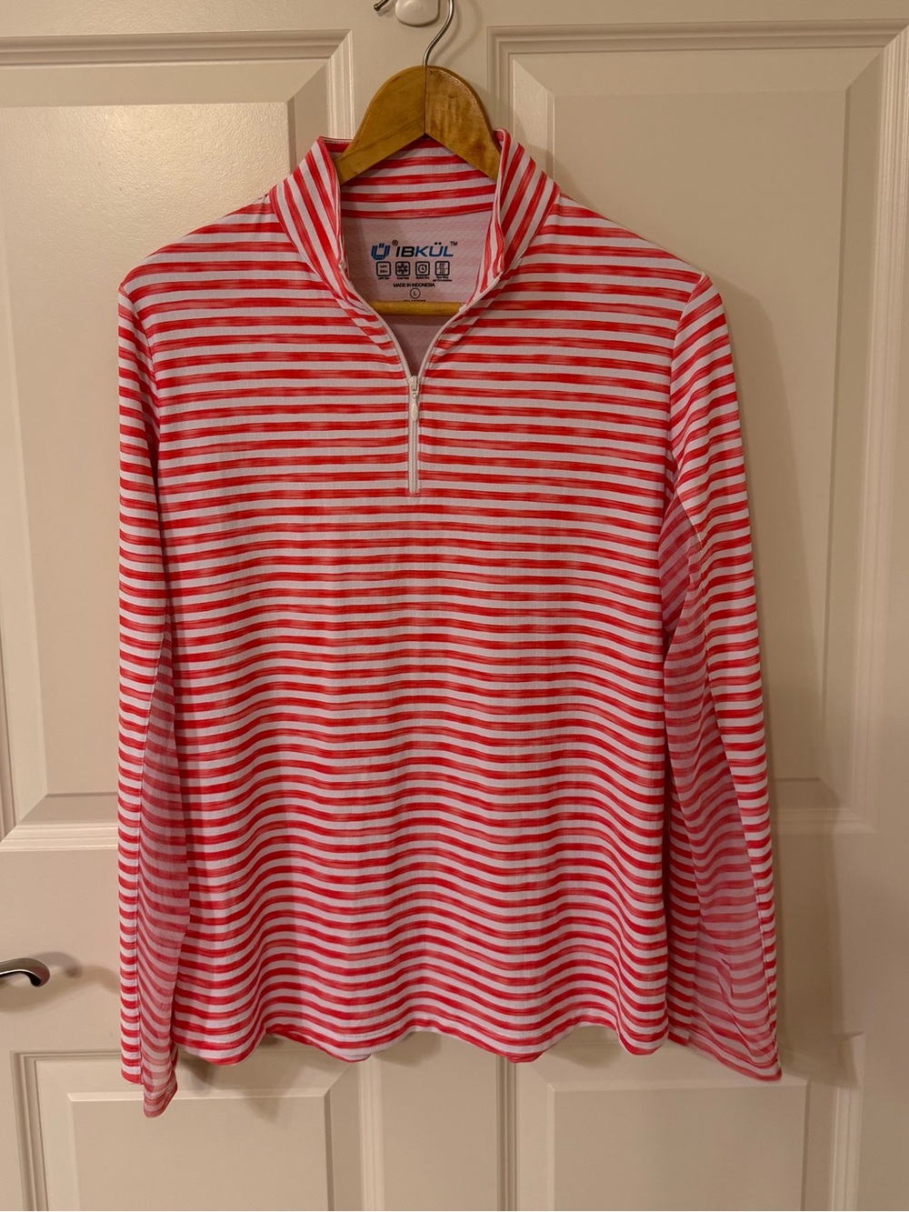 Ibkul Women's L Pink White Stripe 1/4 Zip Long Sleeve Top Activewear EUC